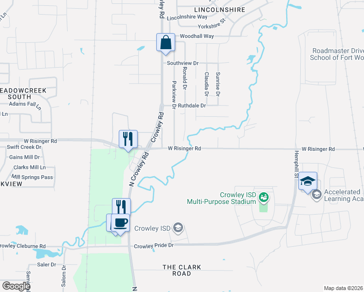 map of restaurants, bars, coffee shops, grocery stores, and more near 9625 Parkview Drive in Fort Worth