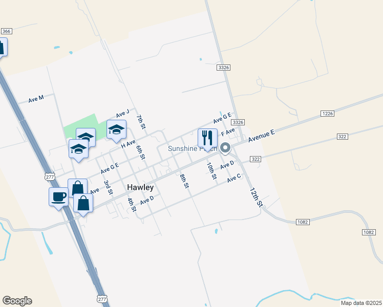map of restaurants, bars, coffee shops, grocery stores, and more near 920 F Avenue in Hawley