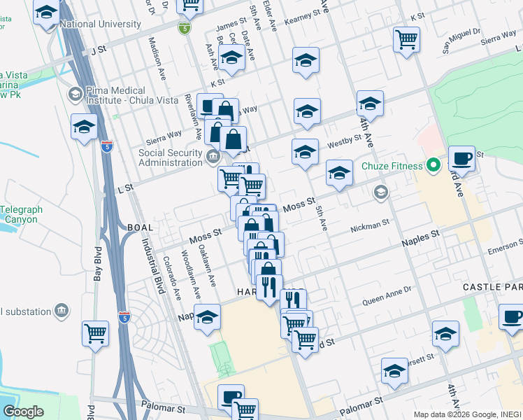 map of restaurants, bars, coffee shops, grocery stores, and more near 574 Moss Street in Chula Vista