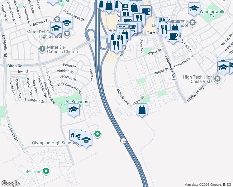 map of restaurants, bars, coffee shops, grocery stores, and more near 1910 Axia Way in Chula Vista