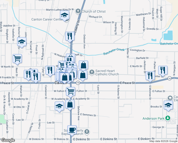 map of restaurants, bars, coffee shops, grocery stores, and more near 217 East Center Street in Canton
