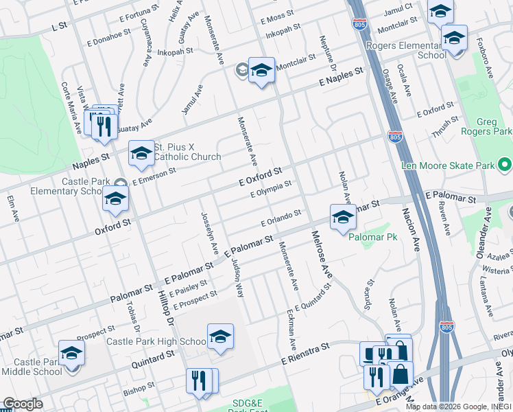 map of restaurants, bars, coffee shops, grocery stores, and more near 157 East Oneida Street in Chula Vista