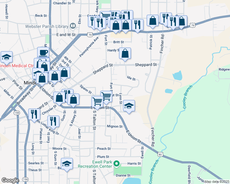 map of restaurants, bars, coffee shops, grocery stores, and more near 212 Lynn Street in Minden