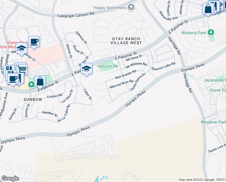map of restaurants, bars, coffee shops, grocery stores, and more near 1504 Windmill Place in Chula Vista