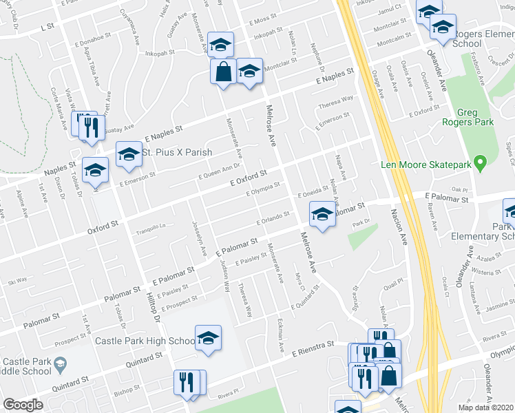 map of restaurants, bars, coffee shops, grocery stores, and more near Monserate Avenue & East Oneida Street in Chula Vista