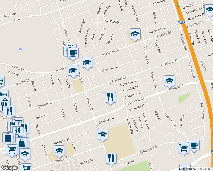 map of restaurants, bars, coffee shops, grocery stores, and more near 72 East Oxford Street in Chula Vista