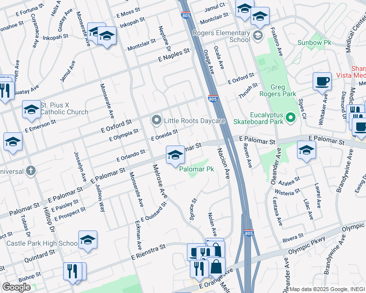 map of restaurants, bars, coffee shops, grocery stores, and more near 1295 Nolan Avenue in Chula Vista