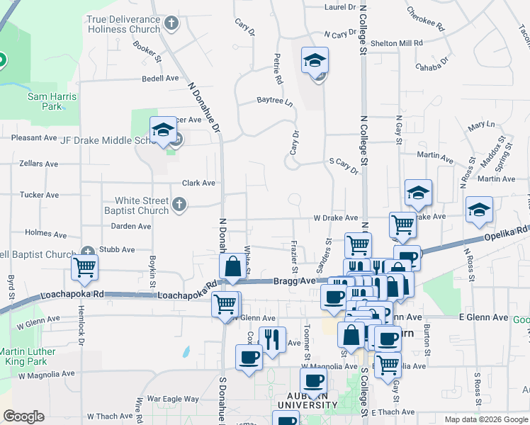 map of restaurants, bars, coffee shops, grocery stores, and more near 336 West Drake Avenue in Auburn