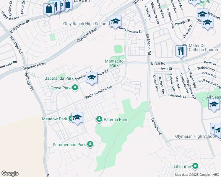 map of restaurants, bars, coffee shops, grocery stores, and more near 1414 Santa Victoria Road in Chula Vista