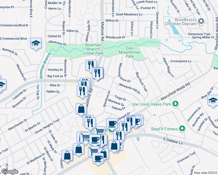 map of restaurants, bars, coffee shops, grocery stores, and more near 8020 Shoshoni Drive in Arlington