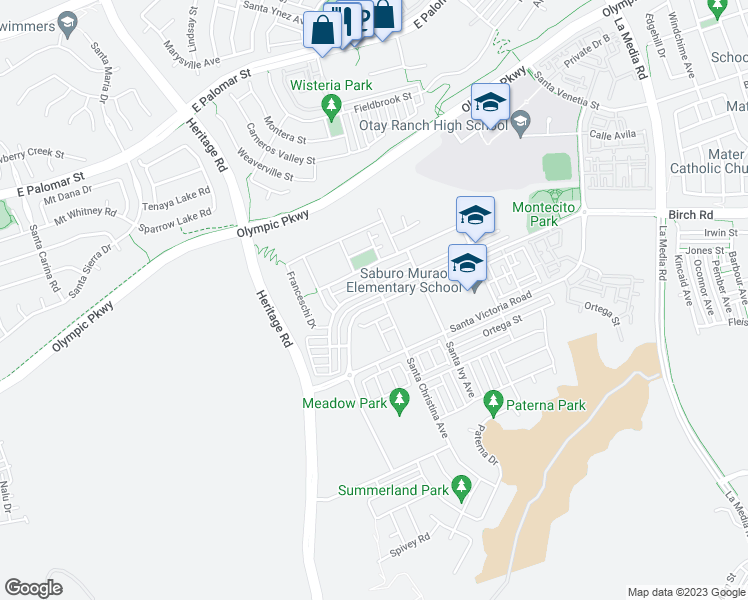 map of restaurants, bars, coffee shops, grocery stores, and more near 1272 Pershing Road in Chula Vista