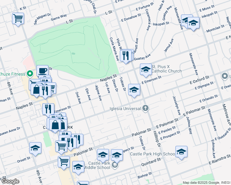 map of restaurants, bars, coffee shops, grocery stores, and more near 1149 1st Avenue in Chula Vista