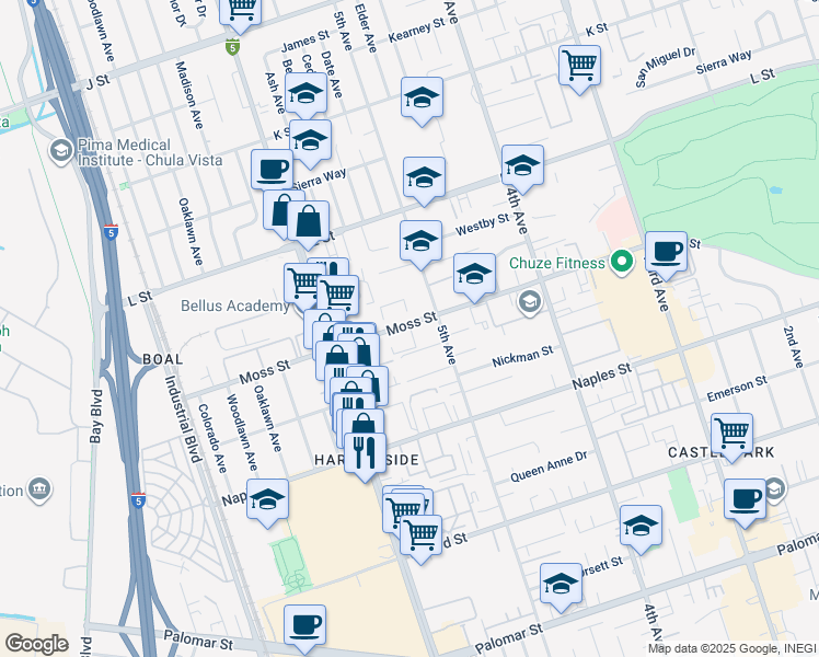 map of restaurants, bars, coffee shops, grocery stores, and more near 521 Moss Street in Chula Vista