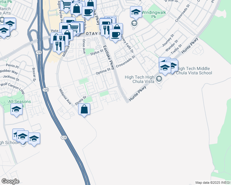 map of restaurants, bars, coffee shops, grocery stores, and more near 2395 Element Way in Chula Vista