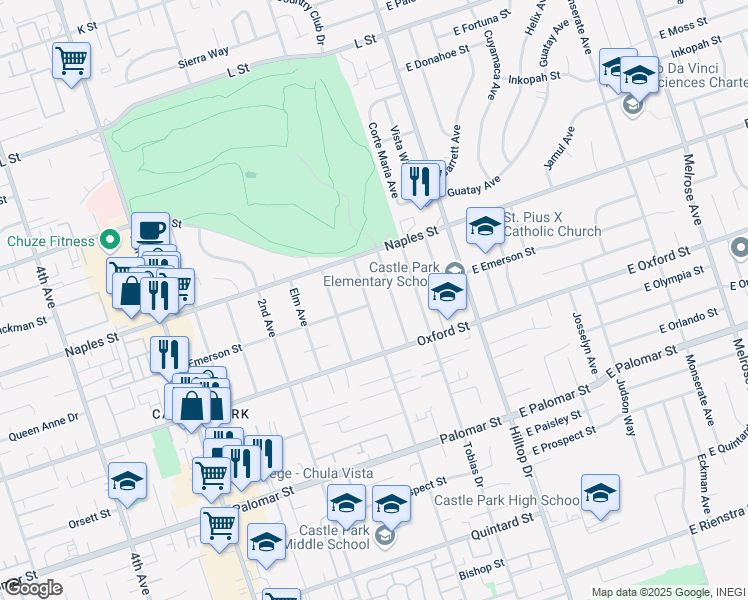 map of restaurants, bars, coffee shops, grocery stores, and more near 1149 1st Avenue in Chula Vista