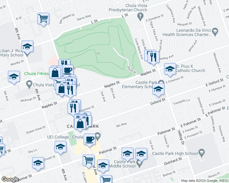 map of restaurants, bars, coffee shops, grocery stores, and more near 1125 Elm Avenue in Chula Vista