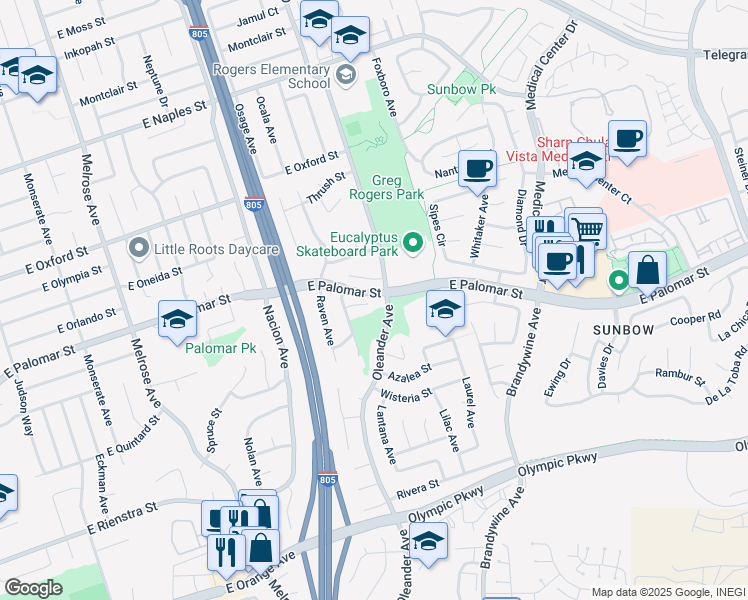 map of restaurants, bars, coffee shops, grocery stores, and more near 477 Oriole Court in Chula Vista