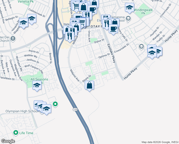 map of restaurants, bars, coffee shops, grocery stores, and more near 1856 Focus Drive in Chula Vista