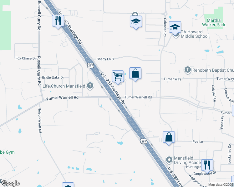 map of restaurants, bars, coffee shops, grocery stores, and more near U.S. 287 Frontage Road in Mansfield