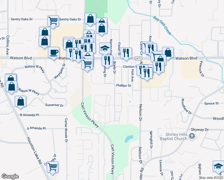 map of restaurants, bars, coffee shops, grocery stores, and more near 308 Brady Dr in Warner Robins