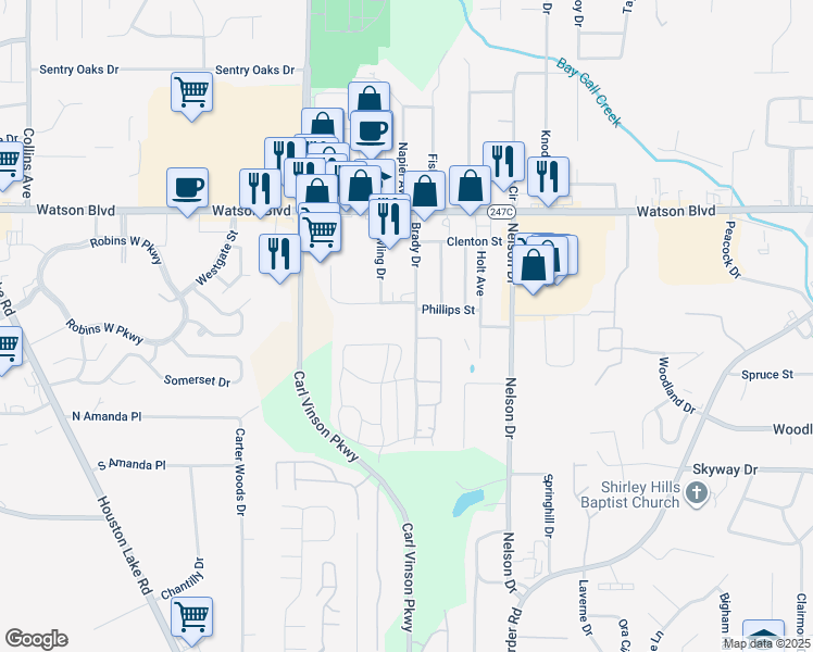 map of restaurants, bars, coffee shops, grocery stores, and more near 308 Brady Drive in Warner Robins