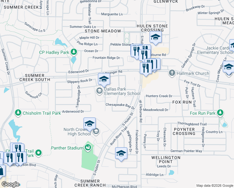 map of restaurants, bars, coffee shops, grocery stores, and more near 8736 Shavano Drive in Fort Worth