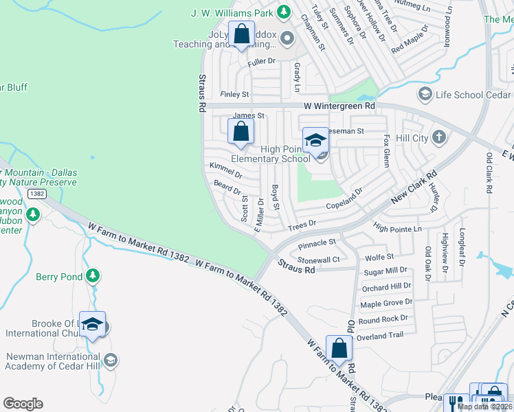 map of restaurants, bars, coffee shops, grocery stores, and more near 1321 East Miller Drive in Cedar Hill