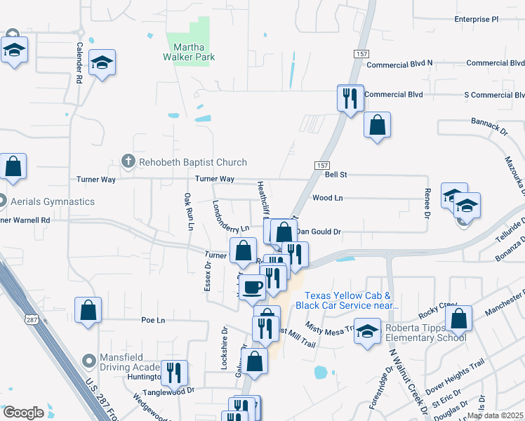 map of restaurants, bars, coffee shops, grocery stores, and more near 3409 Heathcliff Drive in Mansfield