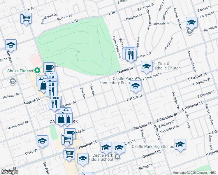 map of restaurants, bars, coffee shops, grocery stores, and more near 1142 1st Avenue in Chula Vista