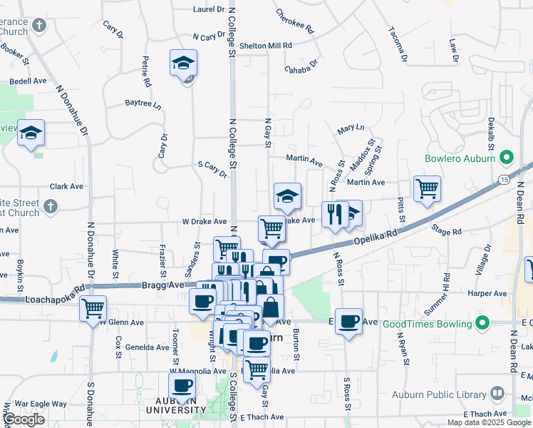 map of restaurants, bars, coffee shops, grocery stores, and more near 145 East Drake Avenue in Auburn