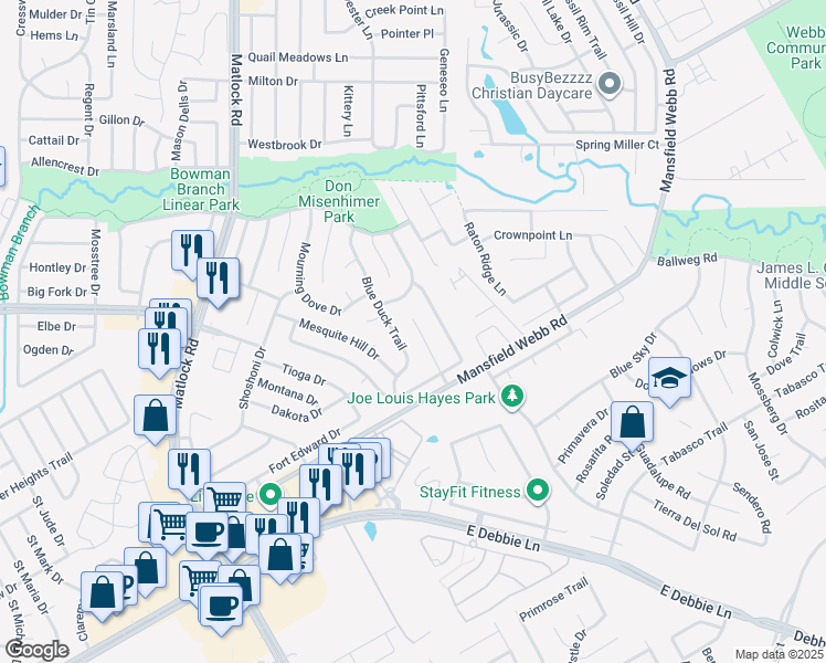 map of restaurants, bars, coffee shops, grocery stores, and more near 8008 Splitrail Court in Arlington