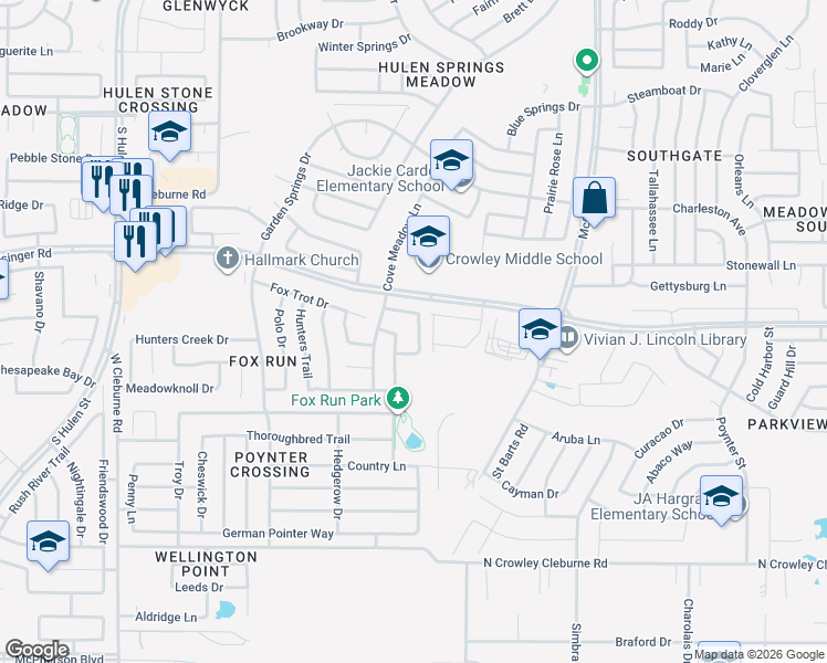 map of restaurants, bars, coffee shops, grocery stores, and more near 8732 Hunters Point Way in Fort Worth