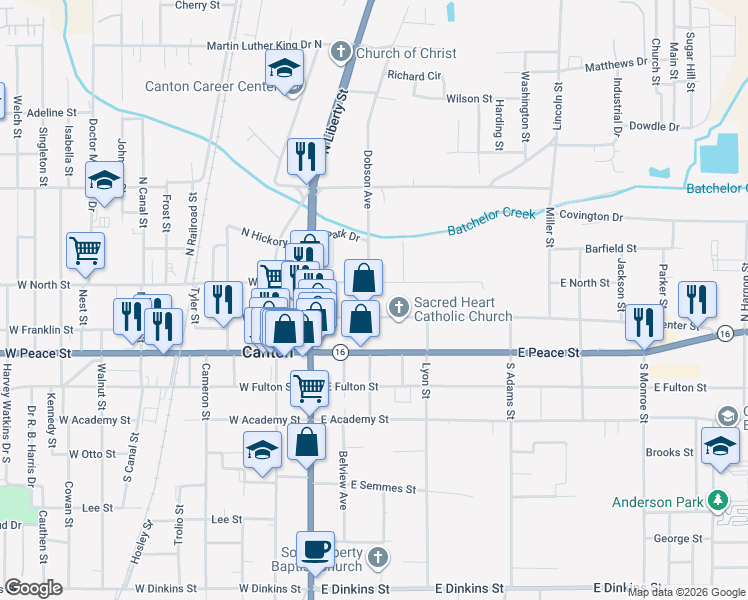 map of restaurants, bars, coffee shops, grocery stores, and more near 217 East Center Street in Canton