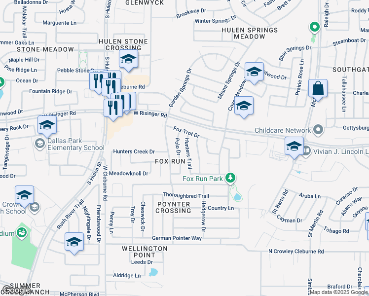 map of restaurants, bars, coffee shops, grocery stores, and more near 8728 Hunters Trail in Fort Worth