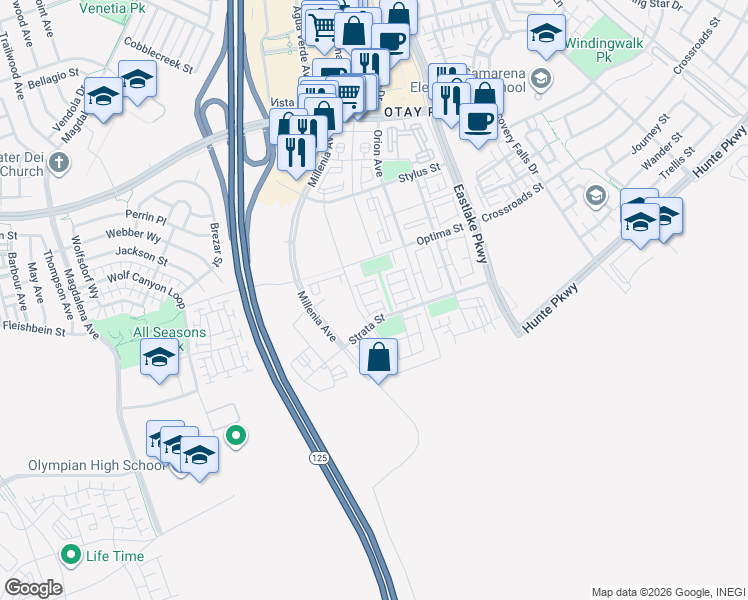 map of restaurants, bars, coffee shops, grocery stores, and more near 1856 Focus Drive in Chula Vista