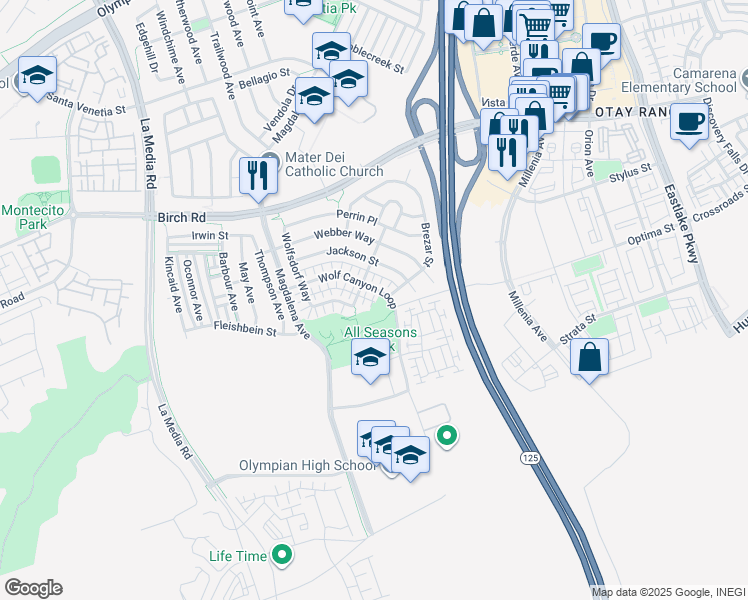 map of restaurants, bars, coffee shops, grocery stores, and more near 1874 Wolf Canyon Loop in Chula Vista