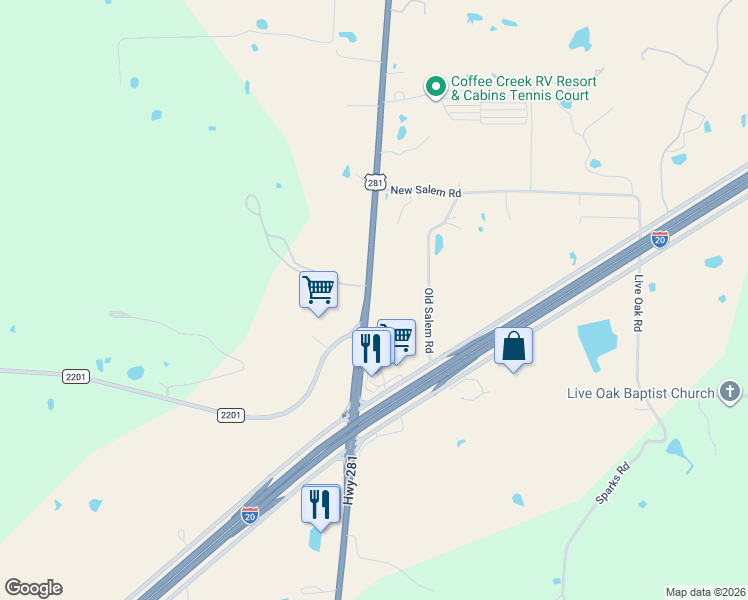 map of restaurants, bars, coffee shops, grocery stores, and more near 87125 Interstate 20 in Santo