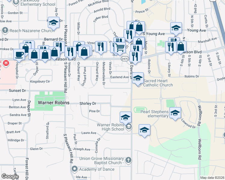 map of restaurants, bars, coffee shops, grocery stores, and more near 229 Meadowdale Drive in Warner Robins