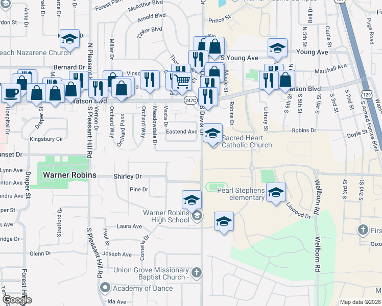 map of restaurants, bars, coffee shops, grocery stores, and more near 249 Meadowdale Drive in Warner Robins