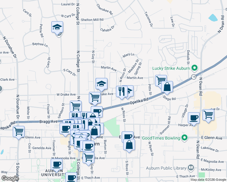 map of restaurants, bars, coffee shops, grocery stores, and more near 243 East Drake Avenue in Auburn