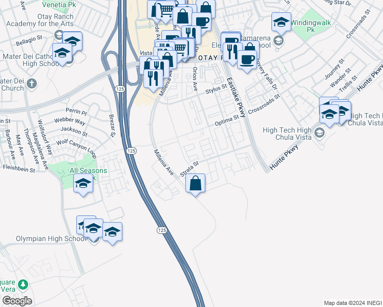 map of restaurants, bars, coffee shops, grocery stores, and more near 1833 Onyx Lane in Chula Vista