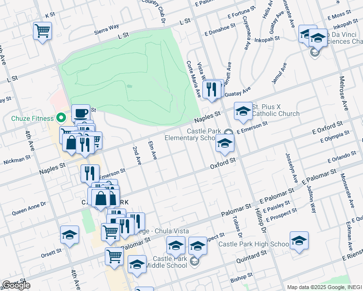 map of restaurants, bars, coffee shops, grocery stores, and more near 1142 1st Avenue in Chula Vista