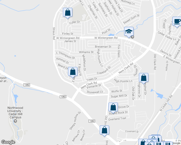map of restaurants, bars, coffee shops, grocery stores, and more near 521 Copeland Drive in Cedar Hill