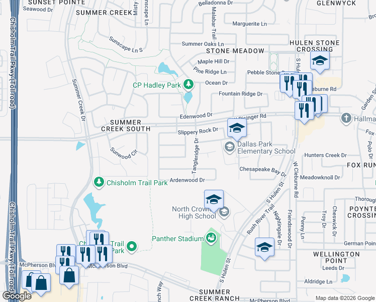 map of restaurants, bars, coffee shops, grocery stores, and more near 8629 Deepwood Lane in Fort Worth
