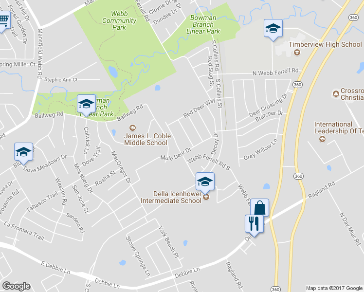 map of restaurants, bars, coffee shops, grocery stores, and more near 7719 Longbow Lane in Arlington