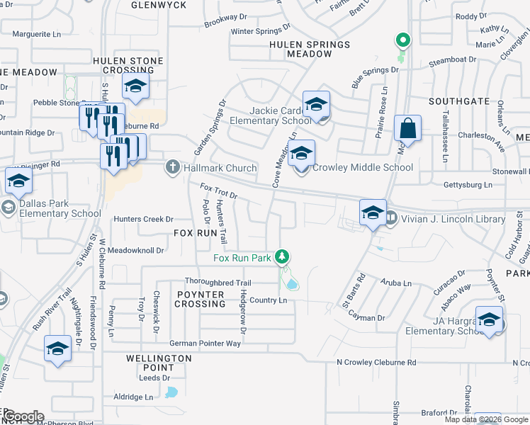 map of restaurants, bars, coffee shops, grocery stores, and more near 8728 Cove Meadow Lane in Fort Worth