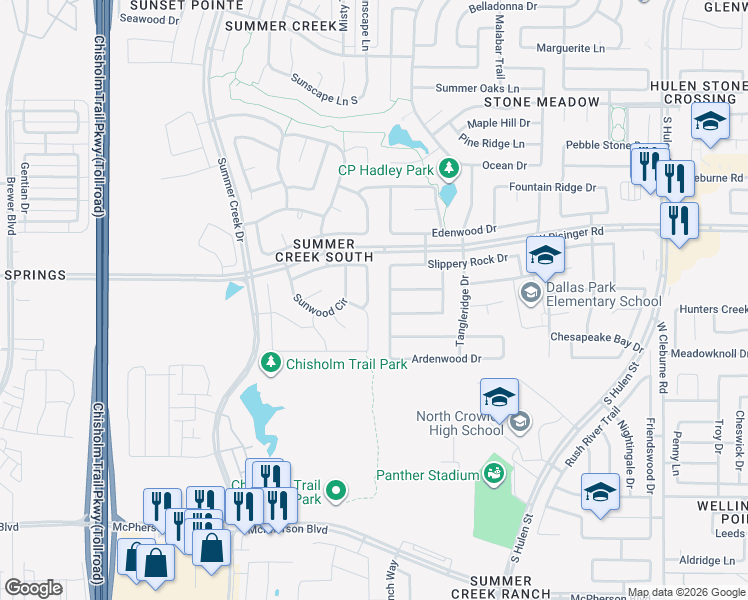 map of restaurants, bars, coffee shops, grocery stores, and more near 4904 Breezewind Lane in Fort Worth