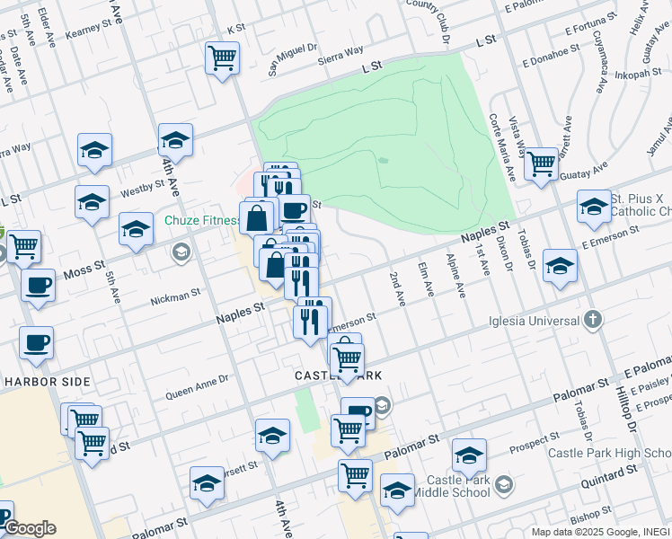 map of restaurants, bars, coffee shops, grocery stores, and more near 1093 Del Mar Avenue in Chula Vista