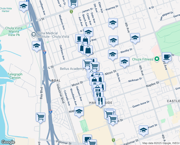 map of restaurants, bars, coffee shops, grocery stores, and more near 970 Broadway in Chula Vista