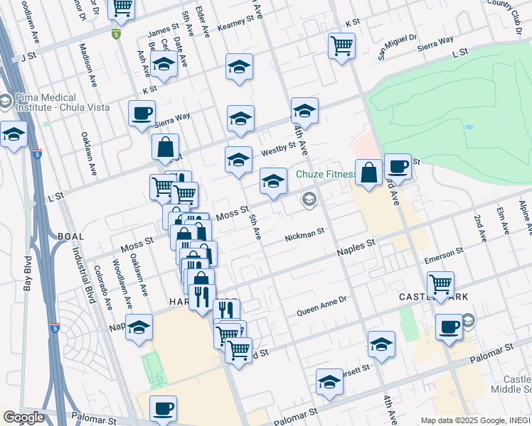 map of restaurants, bars, coffee shops, grocery stores, and more near 482 Wykes Street in Chula Vista